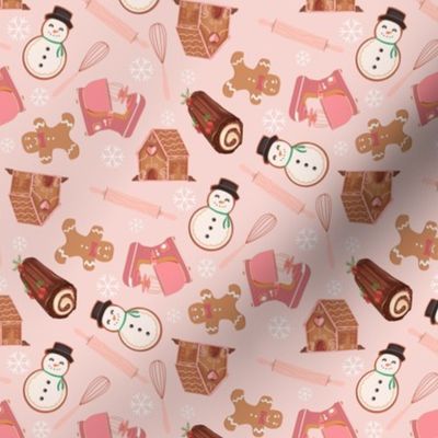 SMALL christmas baking fabric - cookies, cute, holiday baking, snowman, pink christmas