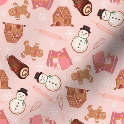 MEDIUM - christmas baking fabric - cookies, cute, holiday baking, snowman, pink christmas