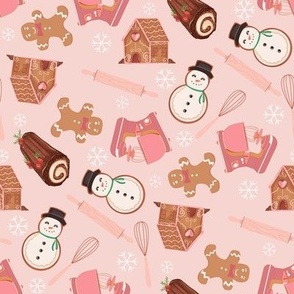 MEDIUM - christmas baking fabric - cookies, cute, holiday baking, snowman, pink christmas
