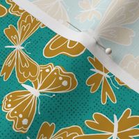 Teal and chartreuse butterflies on linen texture