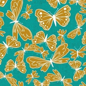 Teal and chartreuse butterflies on linen texture