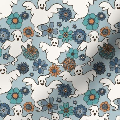 Retro vintage ghosts floral halloween blue teal