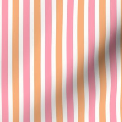 A simple soft pink and tangerine yellow vintage candy stripes on cream for wallpaper and home decor