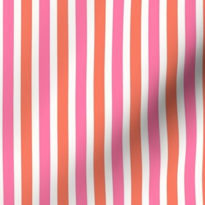 Candy stripe in hot pink and red orange on cream for wallpaper and home decor