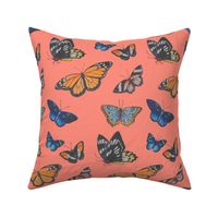 Blue and Orange Butterflies on Coral (Faded Colors)