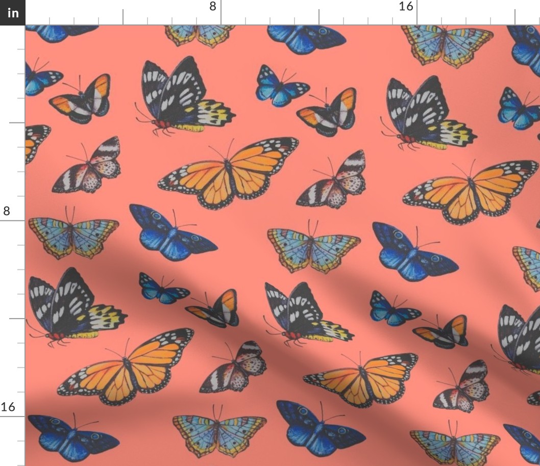 Blue and Orange Butterflies on Coral (Faded Colors)