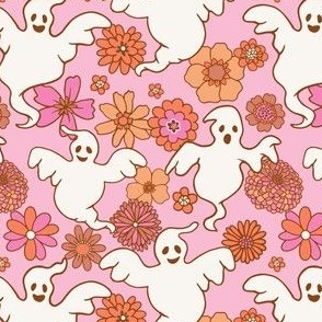 Retro vintage ghosts floral halloween pink