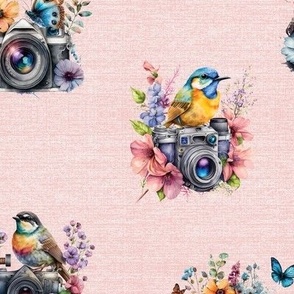 Watercolor Cameras Flowers and Birds on Pink Background