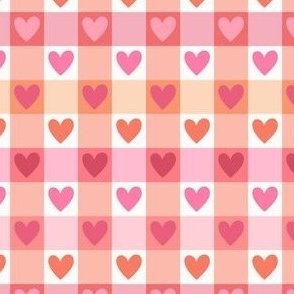 Checkered love hearts gingham Valentine's Day plaid  in pink and peach