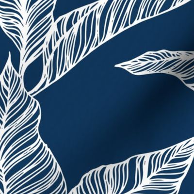Line Drawn Tropical Leaves in Indigo Ocean (Large Scale)