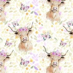 Whimsical highland cows, spring petals, butterflies, pastel 