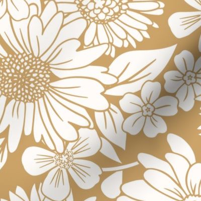 Retro garden meadow floral in soft beige sand and cream large scale