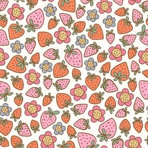 Garden strawberries and retro flowers in pink, red, light blue and green on cream