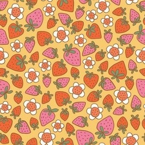 Garden strawberries and retro flowers in pink, red, green and cream on summer yellow