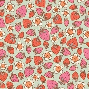 Garden strawberries and retro flowers in pink red and cream on  light mint green 
