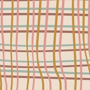 Fall hand drawn stripes plaid gingham in green, pink, mustard, brown and cream