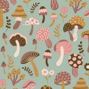 Whimsical fall fungi forest mushrooms in vintage pink, brown, cream and mustard on celadon green - SMALL SCALE