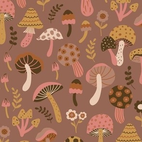 Whimsical fall fungi forest mushrooms in vintage pink, brown, cream and mustard - SMALL SCALE