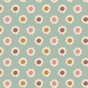 Retro geometric dotted floral in celadon green, mustard yellow, vintage pink and brown