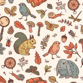 Woodland wonders forest explore animals and mushrooms, leaves in orange, blue, green and mustard yellow