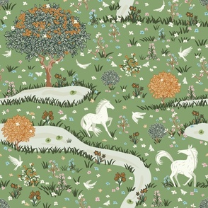 White horses in the green forest - Children illustration