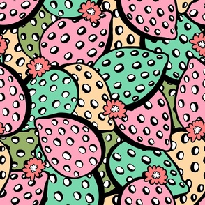  Funky Cacti-colorful bright candy pastels and black  in pop art style preppy groovy fun cactus opuntia prickly pear with flowering blooming blossoming buds pads in teal blue pink green cream black colors