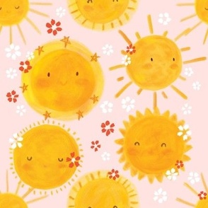 Hello Sunshine ON Pink 8x8 Yellow Orange Smiling Face Baby Girl Fabric And Wallpaper