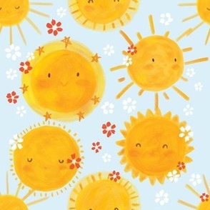 Hello Sunshine On teal 8x8 Yellow Orange Smiling Face Baby Girl Fabric And Wallpaper