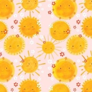 Hello Sunshine ON Pink 4x4 Yellow Orange Smiling Face Baby Girl Fabric And Wallpaper