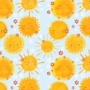 Hello Sunshine On teal 4x4 Yellow Orange Smiling Face Baby Girl Fabric And Wallpaper