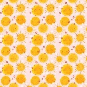 Hello Sunshine ON Pink 2x2 Yellow Orange Smiling Face Baby Girl Fabric And Wallpaper