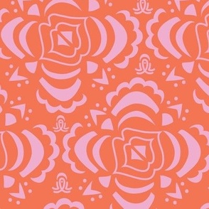 Organic Geo Feminine Lace Inspired Damask in Pink and Orange