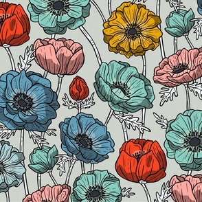 Anemone Flower in Bloom / Light Blue Color Version / Large Scale, Wallpaper