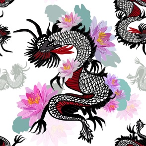 Dragon With Lotus Flowers Pattern