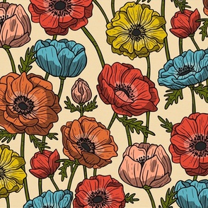 Anemone Flower in Bloom / Mid Century Color Version / Large Scale, Wallpaper