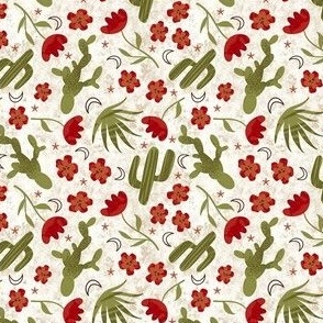 Small Scale Southwest Desert Cactus and Flowers on Ivory