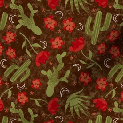 Medium Scale Southwest Desert Cactus and Flowers on Brown