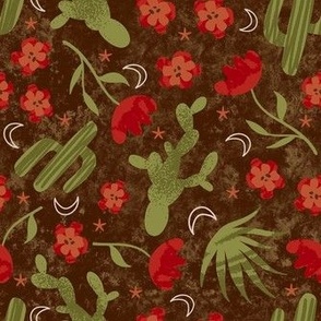 Medium Scale Southwest Desert Cactus and Flowers on Brown