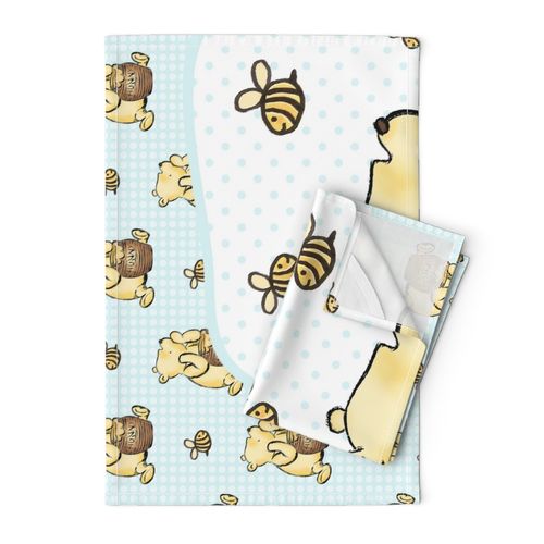 One Yard Panel Classic Pooh and Honey Bees on Pale Blue for Blanket or Banner 42x36