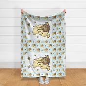 One Yard Panel Classic Pooh and Honey Bees on Pale Blue for Blanket or Banner 42x36