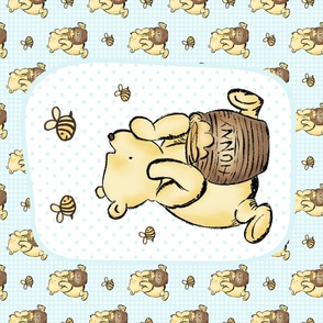 One Yard Panel Classic Pooh and Honey Bees on Pale Blue for Blanket or Banner 42x36