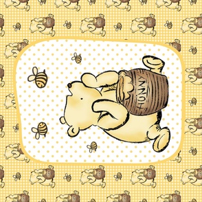 One Yard Panel Classic Pooh and Honey Bees on Golden Yellow for Blanket or Banner 42x36