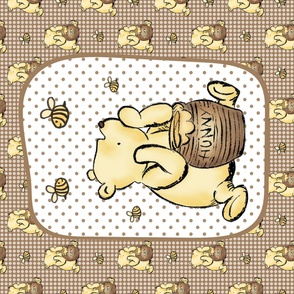 One Yard Panel Classic Pooh and Honey Bees on Tan for Blanket or Banner 42x36