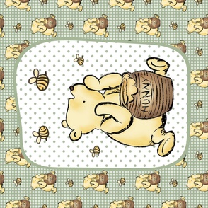 One Yard Panel Classic Pooh and Honey Bees on Sage Green for Blanket or Banner 42x36