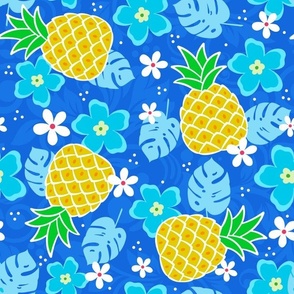 Large Scale Pineapples and Tropical Flowers on Blue