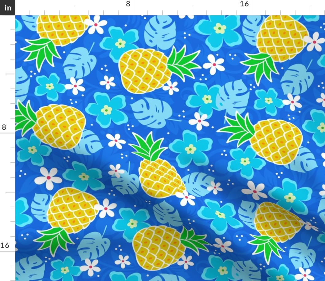 Large Scale Pineapples and Tropical Flowers on Blue
