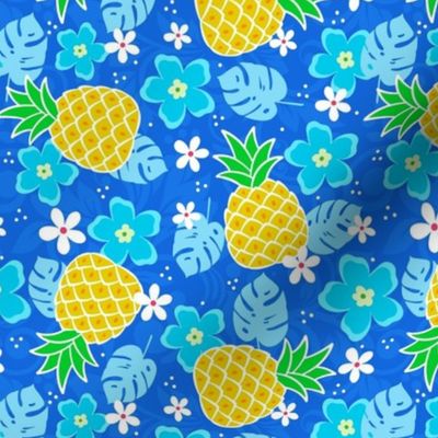 Medium Scale Pineapples and Tropical Flowers on Blue