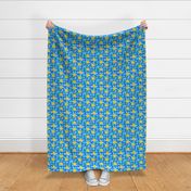 Medium Scale Pineapples and Tropical Flowers on Blue