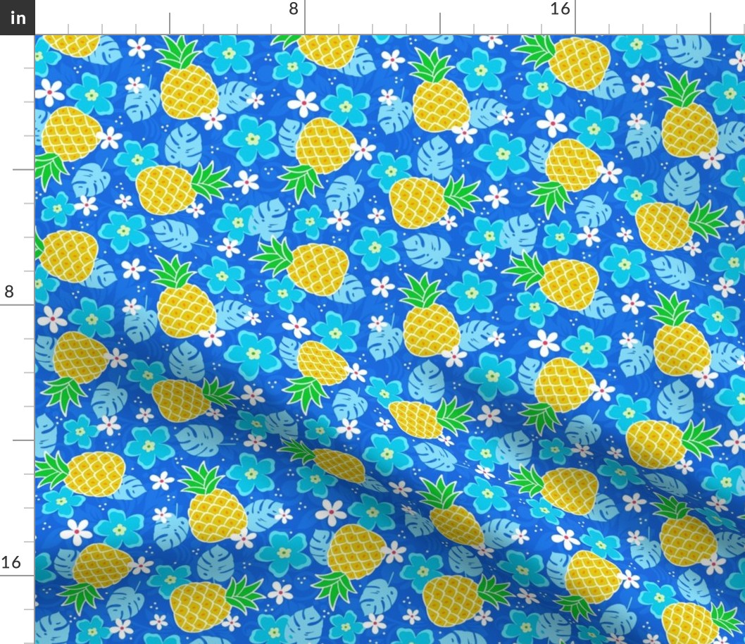 Medium Scale Pineapples and Tropical Flowers on Blue