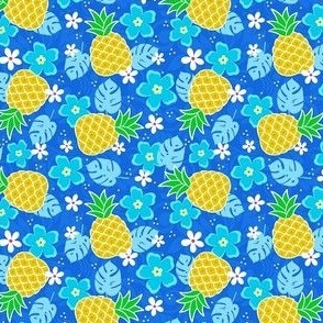 Small Scale Pineapples and Tropical Flowers on Blue